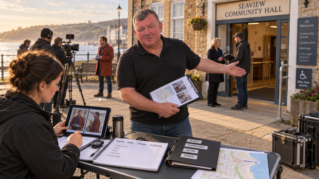 Spencer assessing a seaside filming location while a script supervisor checks continuity photographs, timings and coverage notes.